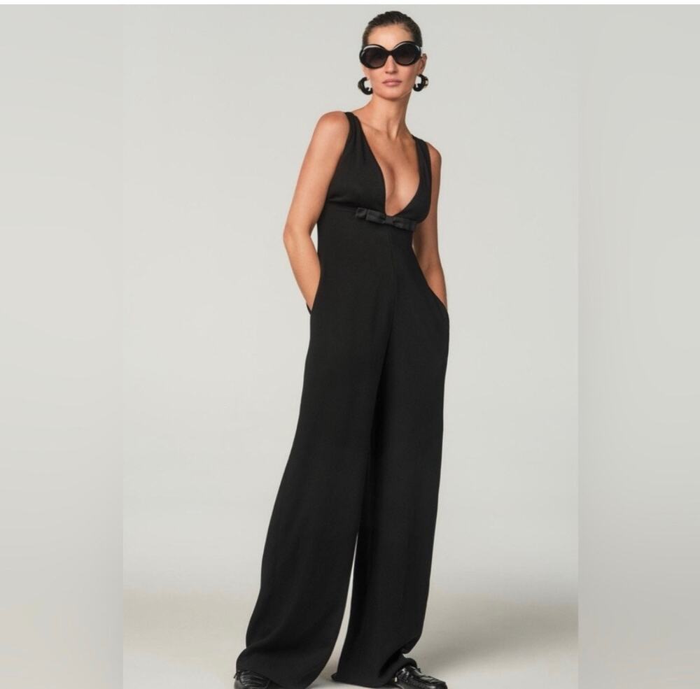 ZARA STEFANO PILATI  wide legs deep V neck line jumpsuits pocket Bow Size L NWT
